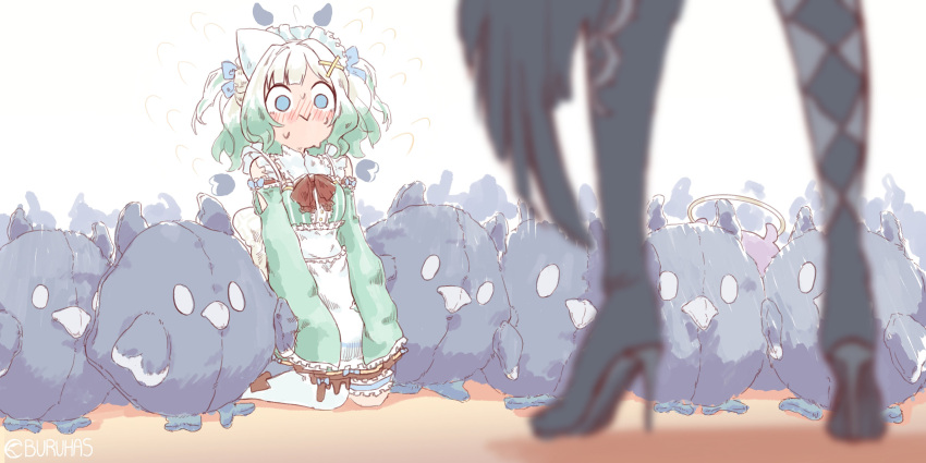 absurdres, asymmetrical_legwear, blue_bow, blue_eyes, blush, bow, buruhas, detached_sleeves, dress, flying_sweatdrops, frilled_sleeves, frills, ghost, gradient_hair, green_dress, green_hair, hair_ornament, highleg, highres, hololive, hololive_english, indie_virtual_youtuber, jailbird_(nerissa_ravencroft), maid, maid_headdress, mint_fantome, mismatched_legwear, multicolored_hair, nerissa_ravencroft, stuffed_animal, stuffed_toy, sweatdrop, takodachi_(ninomae_ina'nis), virtual_youtuber