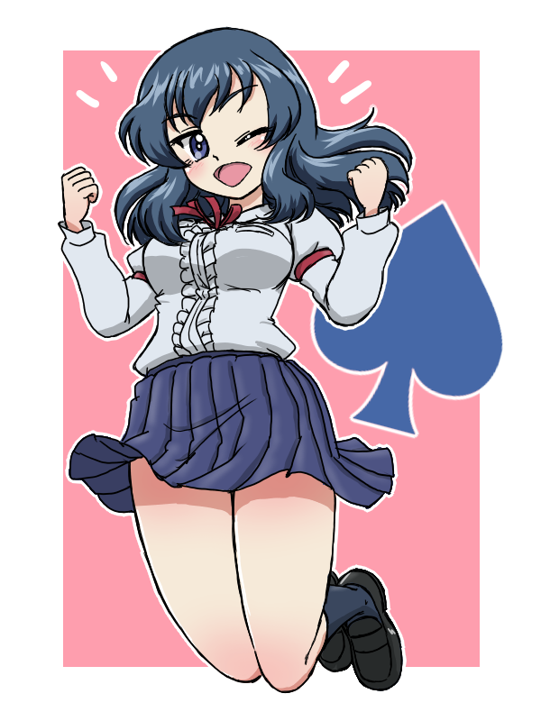 1girl, black_footwear, blue_eyes, blue_hair, blue_skirt, clothes_lift, commentary_request, eclair_(girls_und_panzer), frilled_shirt, frilled_skirt, frills, girls_und_panzer, grey_shirt, jumping, long_hair, long_sleeves, maginot_school_uniform, miniskirt, one_eye_closed, pink_background, school_uniform, shirt, skirt, skirt_lift, smile, spade_(shape), takahashi_kurage, thighs