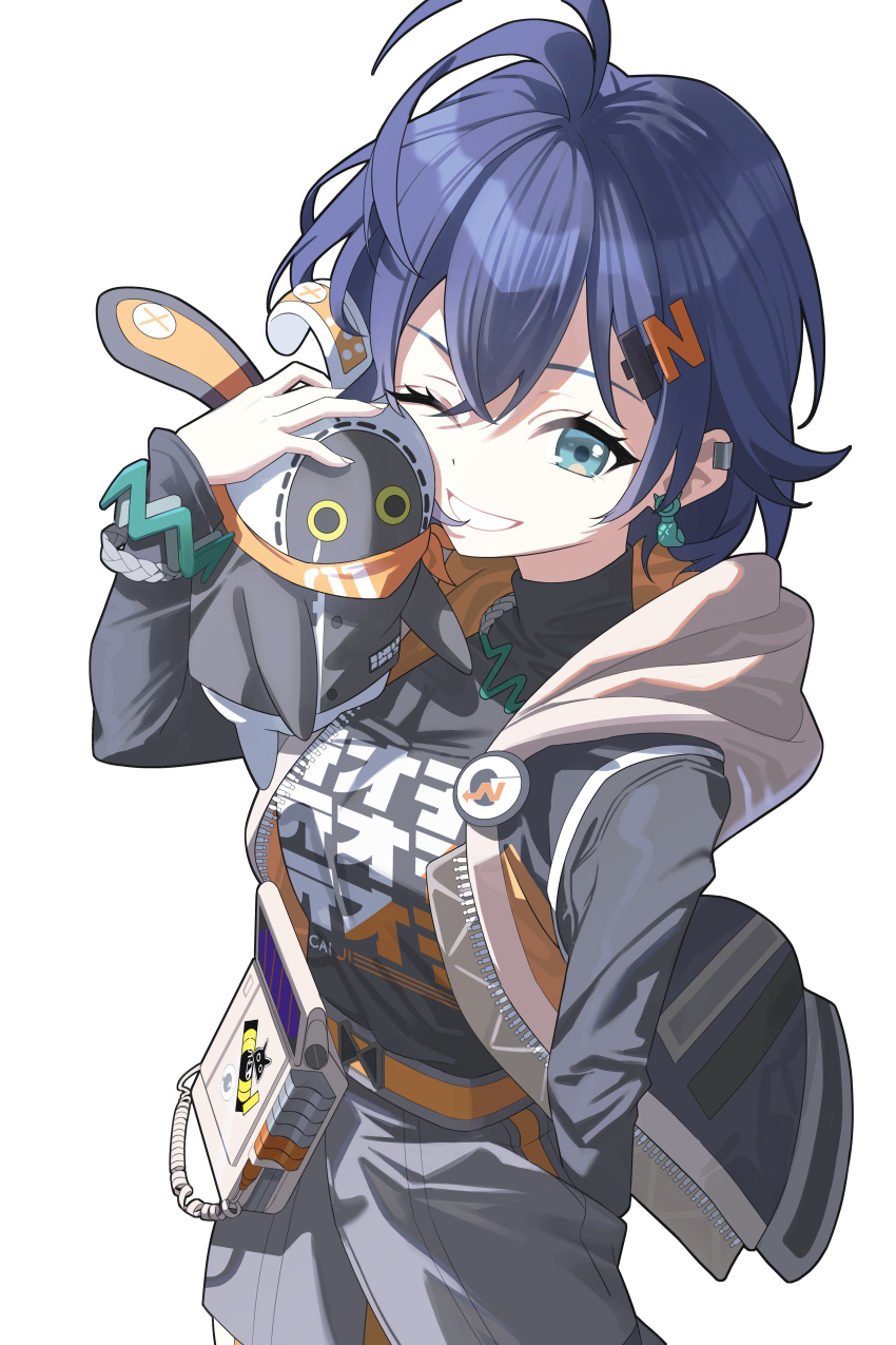 1girl, absurdres, arm_behind_back, bangboo_(zenless_zone_zero), belle_(zenless_zone_zero), blue_hair, cowboy_shot, crossed_bangs