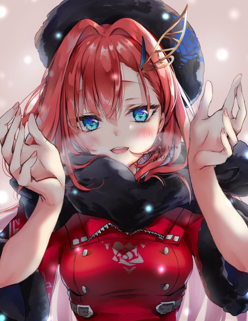 beret, blue_eyes, breathing, floral_print, hair_ornament, hat, kiara_(shironeko_project), long_hair