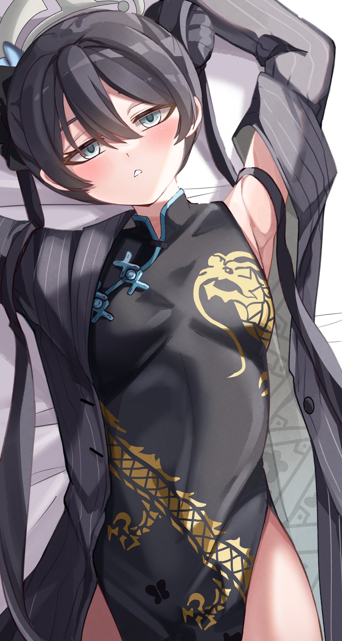 1girl, armpits, arms_up, black_coat, black_dress, black_hair, blue_archive, blush