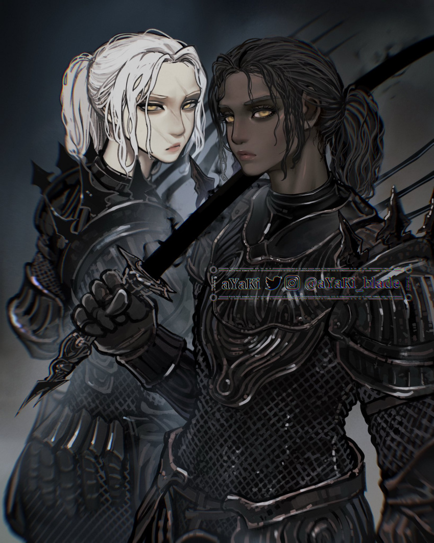 2girls, armor, ayaki_blade, brown_hair, chainmail, dark-skinned_female, dark_skin, elden_ring