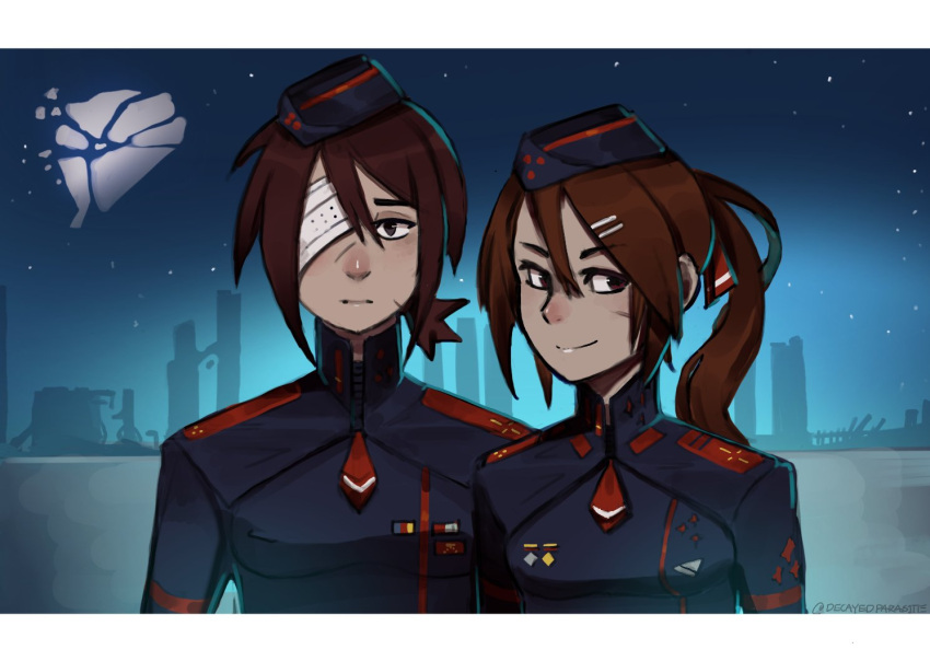 2girls, alina_seo, black_jacket, broken_moon, brown_eyes, brown_hair, city, decayedparasite
