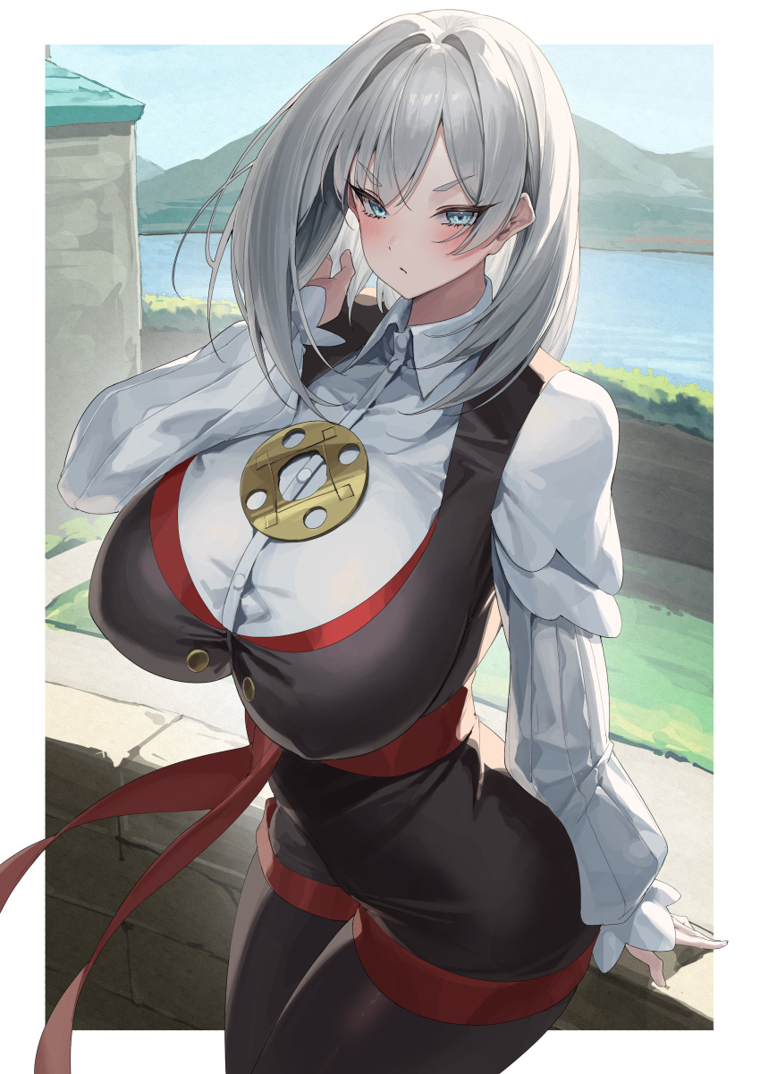 1girl, absurdres, akershus_fortress_(oshiro_project), aqua_eyes, black_dress, black_pantyhose, blush, breasts