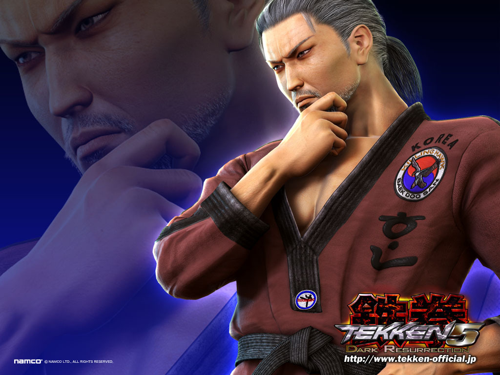 baek_doo_san, grey_eyes, grey_hair, male, namco, ponytail, short_hair, solo, tae_kwon_do, tekken, tekken_5, wallpaper