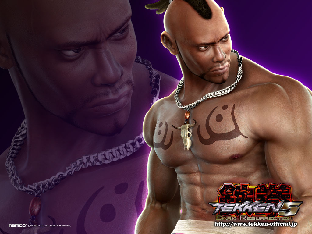 black_eyes, bruce_irvin, dark_skin, male, muscles, namco, solo, tattoo