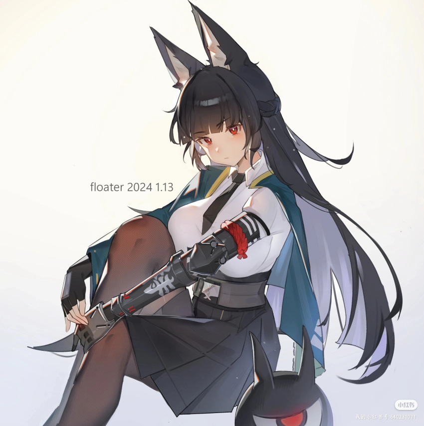 1girl, absurdres, animal_ear_fluff, animal_ears, black_gloves, black_hair, black_necktie, black_skirt