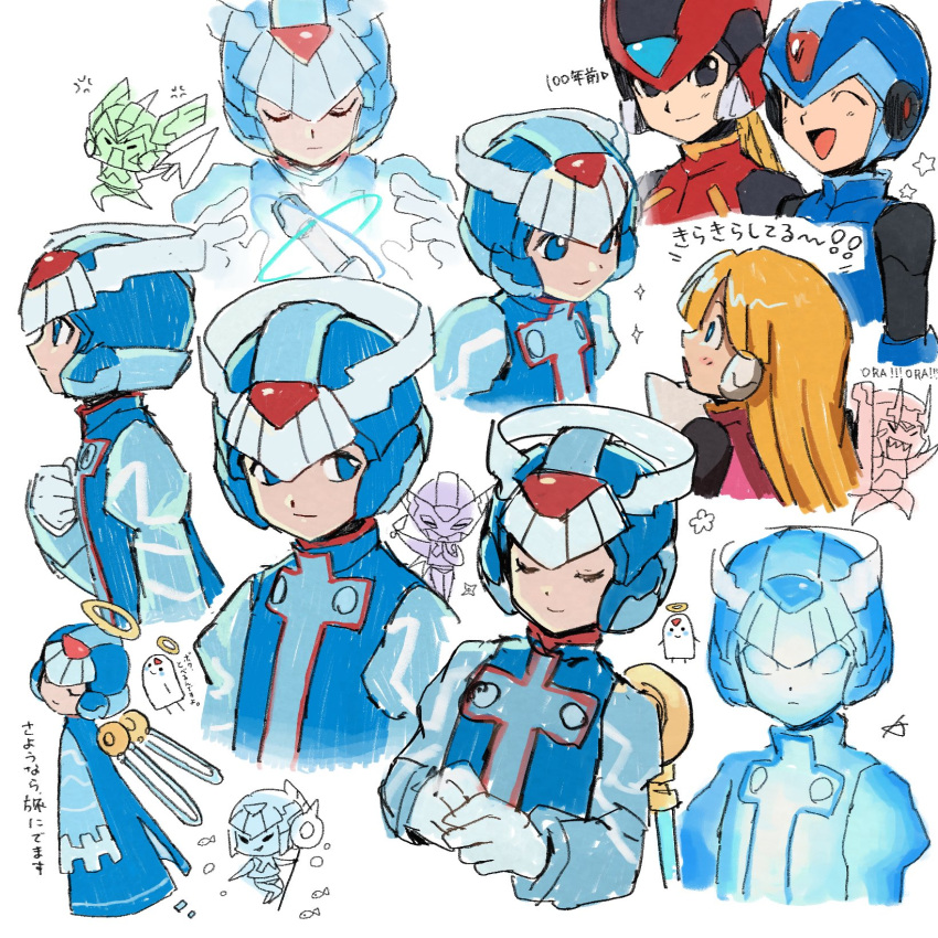 2girls, 5boys, alouette_(mega_man), black_eyes, blonde_hair, blue_eyes, blue_helmet, chibi