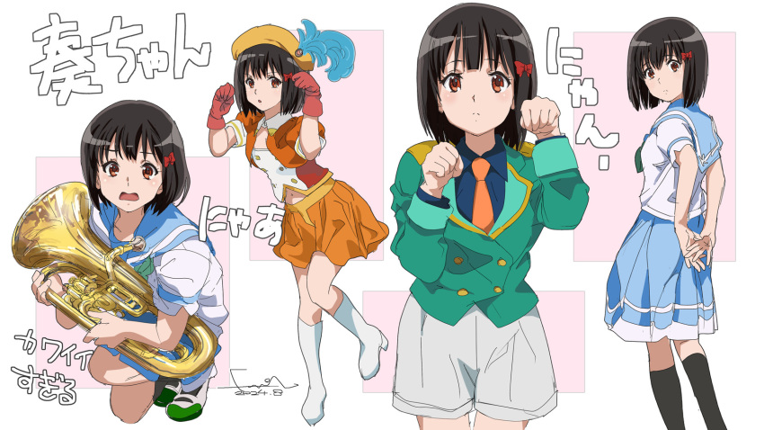arms_behind_back, band_uniform, black_hair, black_socks, blue_sailor_collar, blue_shirt, blue_skirt, collared_shirt, cowboy_shot, euphonium, full_body, fumi-a, gloves, green_jacket, hat, hibike!_euphonium, highres, hisaishi_kanade, instrument, jacket, necktie, orange_hat, orange_necktie, orange_skirt, paw_pose, pleated_skirt, red_eyes, red_gloves, red_jacket, sailor_collar, school_uniform, serafuku, shirt, shoes, short_hair, skirt, socks, squatting, uwabaki, white_footwear