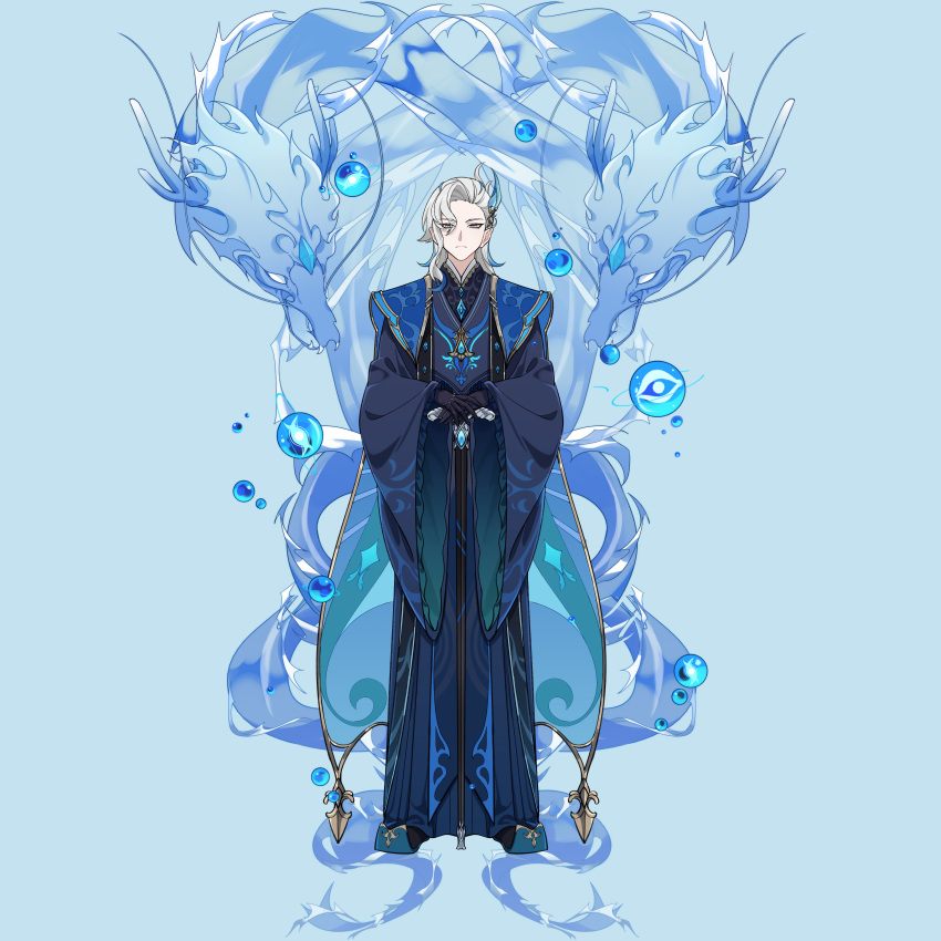 1boy, absurdres, alternate_costume, black_gloves, blue_background, blue_eyes, blue_gemstone, blue_hair