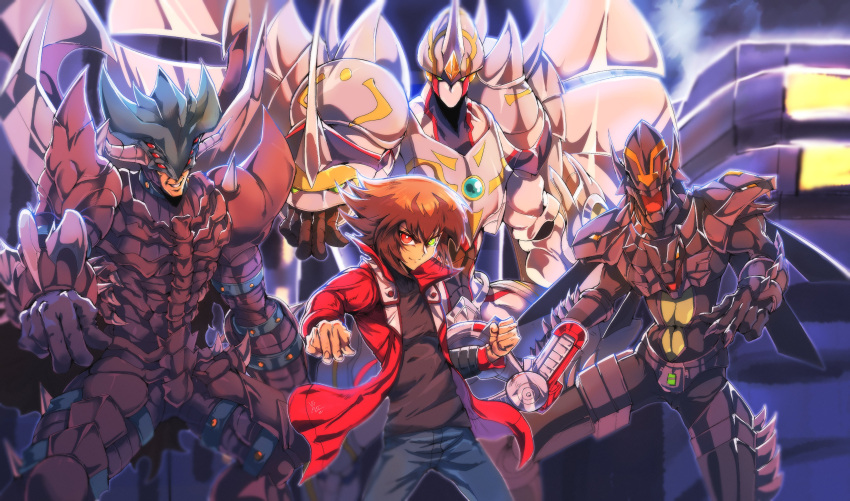 4boys, absurdres, armor, black_armor, black_shirt, blue_pants, brown_hair, cowboy_shot, deck_of_cards, denim, duel_academy_uniform_(yu-gi-oh!_gx), duel_disk, duel_monster, elemental_hero_shining_neos_wingman, evil_hero_malicious_bane, green_eyes, heterochromia, highres, jacket, masked_hero_dark_law, medium_hair, multiple_boys, open_clothes, open_jacket, pants, pointing, pointing_at_viewer, red_eyes, red_jacket, shirt, shoulder_spikes, skirt, spikes, trading_card, vincent_graphic_art, white_armor, white_skirt, white_wings, wings, yu-gi-oh!, yu-gi-oh!_gx, yuki_judai