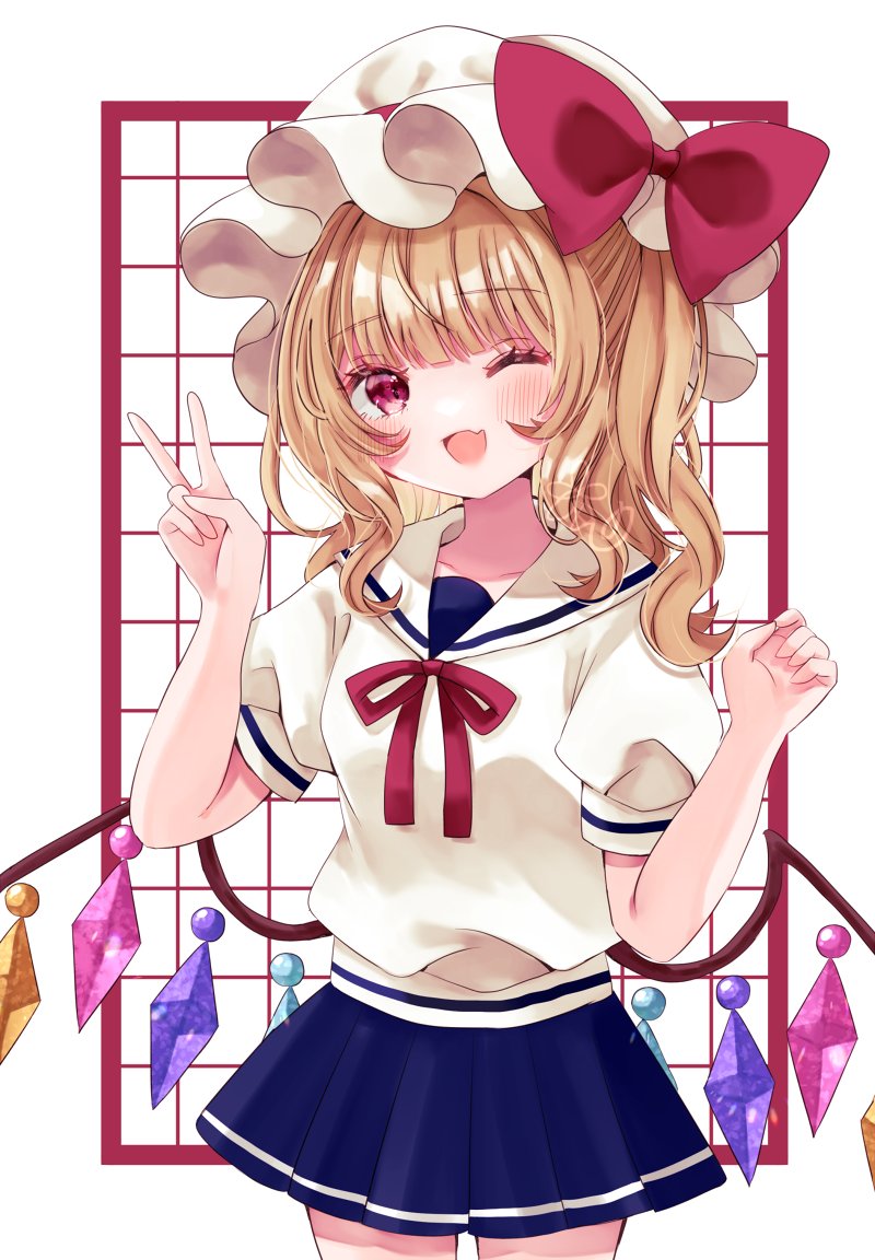 1girl, ;d, alternate_costume, blonde_hair, blue_skirt, blush, bow, commentary_request