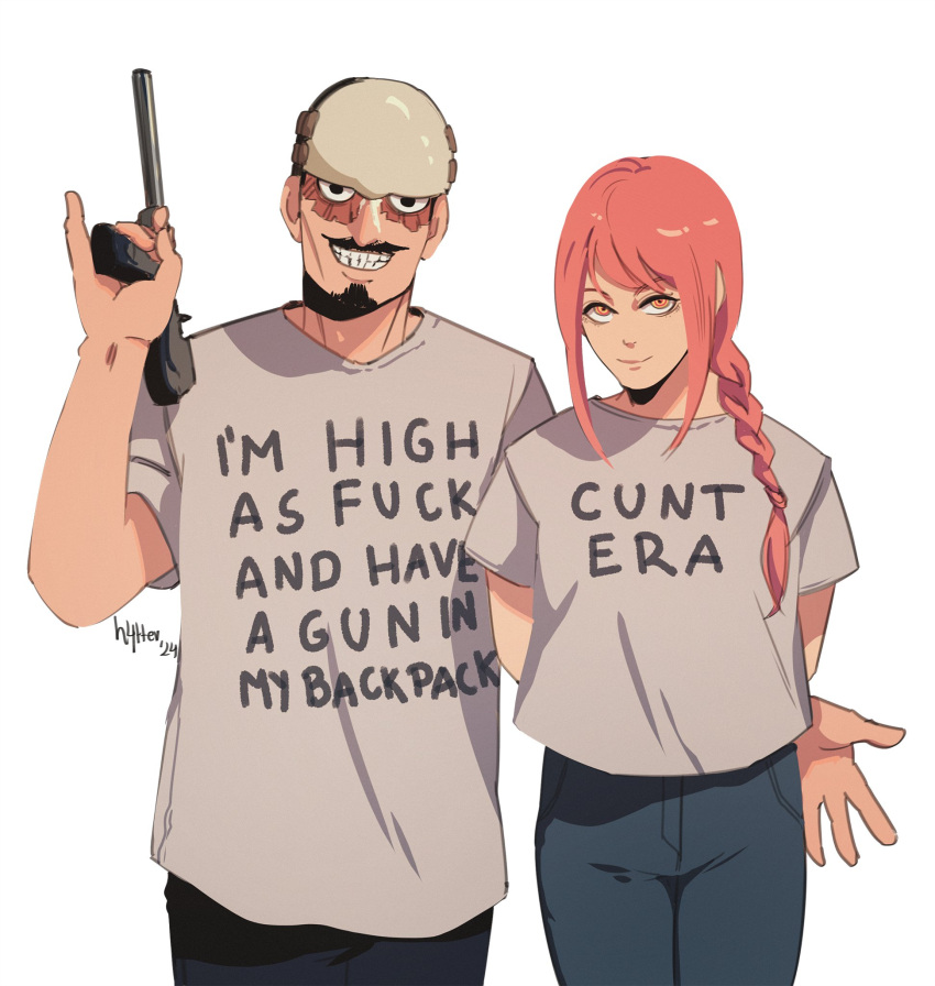 arm_behind_another's_back, arms_behind_back, braid, braided_ponytail, chainsaw_man, contemporary, crossover, denim