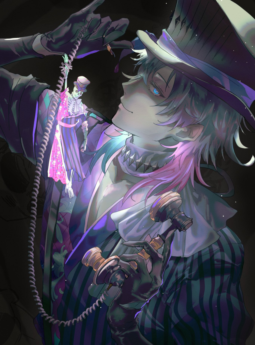 1boy, argyle_clothes, argyle_coat, black_background, black_gloves, blue_eyes, blue_hair, closed_mouth