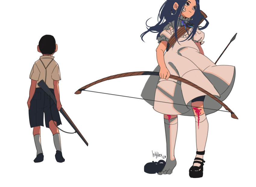 1boy, 1girl, aged_down, arrow_(projectile), asirpa, back-to-back, bandaid, bandaid_on_face