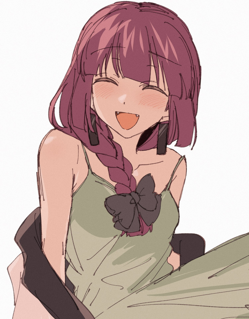 1girl, :d, ^_^, bare_shoulders, blush, bocchi_the_rock!, bow, braid, closed_eyes, dress, facing_viewer, fang, highres, hiroi_kikuri, long_hair, open_mouth, redhead, shizune_(sznxb), smile, solo, upper_body
