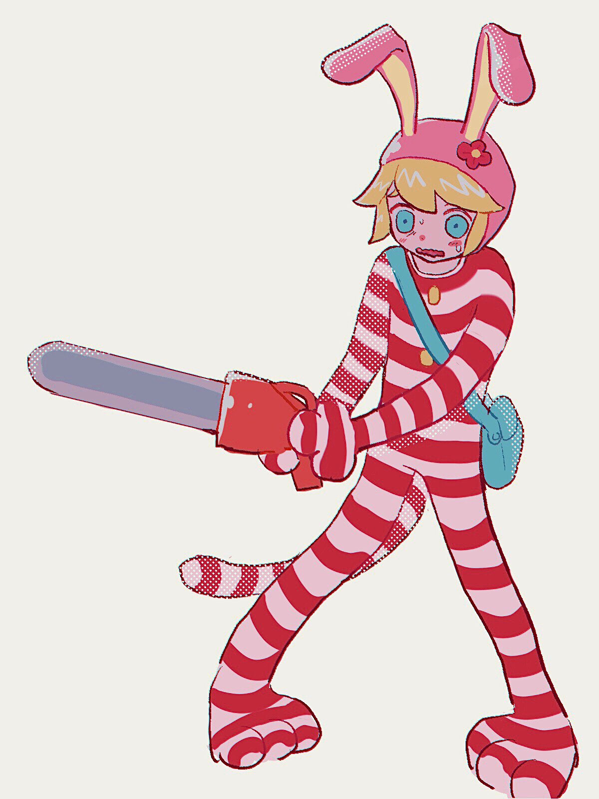 1boy, bag, basil_(faraway)_(omori), basil_(omori), blonde_hair, blue_eyes, blush, chainsaw