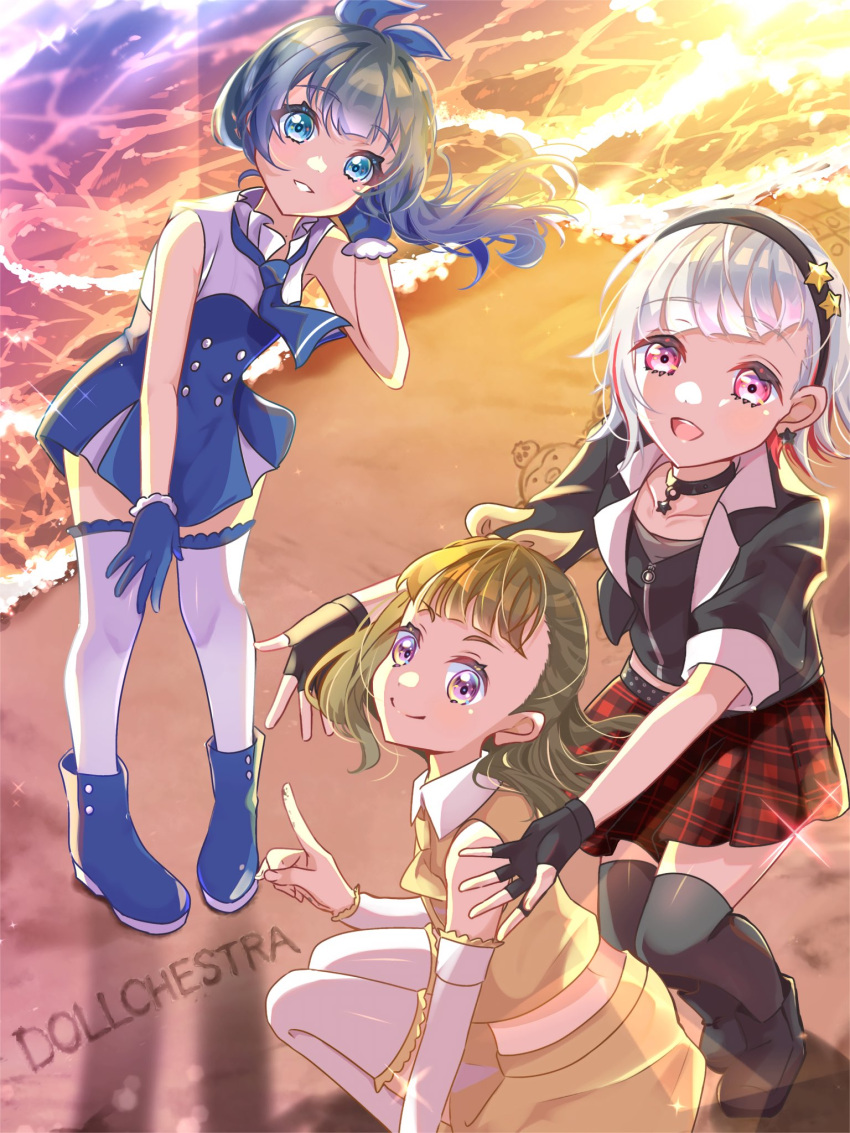 3girls, beach, black_choker, black_footwear, black_gloves, black_jacket, black_shirt, black_thighhighs