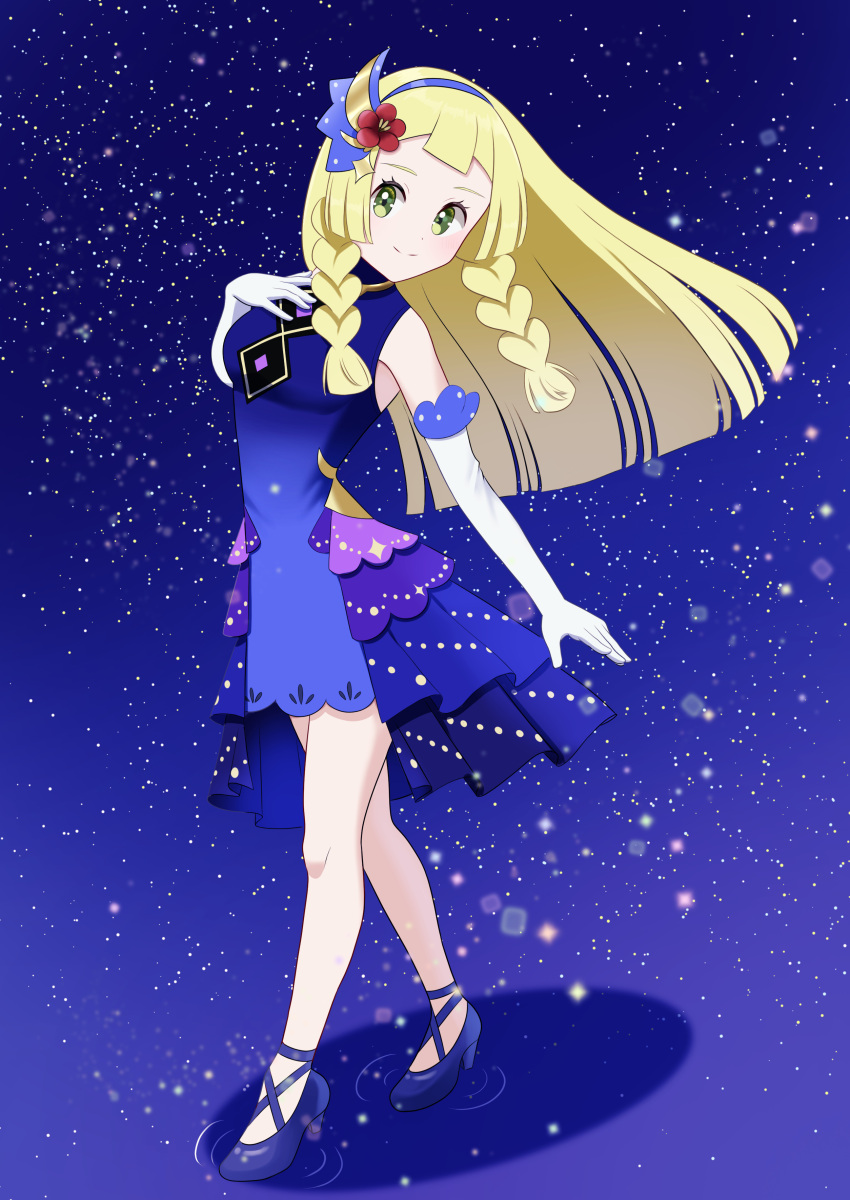 1girl, absurdres, blonde_hair, blue_background, blue_dress, blue_hairband, blunt_bangs, braid, closed_mouth, commentary_request, dress, elbow_gloves, eyelashes, flower, full_body, gloves, green_eyes, hair_flower, hair_ornament, hairband, hand_up, high_heels, highres, knees, lillie_(anniversary_2021)_(pokemon), lillie_(pokemon), long_hair, nemunemu_0826, official_alternate_costume, pokemon, pokemon_masters_ex, red_flower, smile, solo, standing, twin_braids, white_gloves
