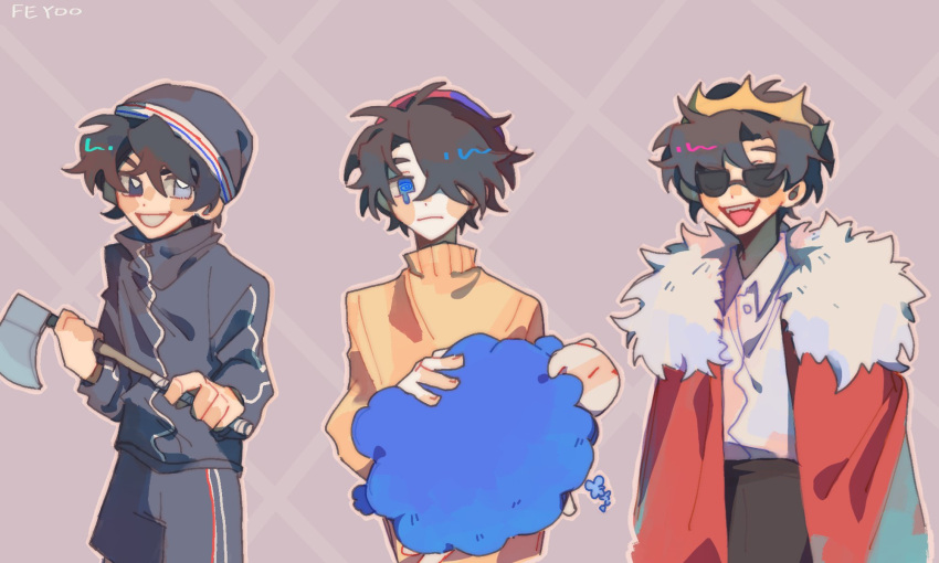 1other, 2boys, animal, animification, axe, beanie, black_eyes, black_hair, black_pants, blue_eyes, blue_hat, blue_jacket, blue_shorts, brown_hair, cape, collared_shirt, colored_skin, commentary, crown, crying, dream_smp, english_commentary, eret_(youtuber), feyoo14, friend_the_sheep, fur-trimmed_cape, fur_trim, ghostbur, grey_hair, grey_skin, grin, hair_between_eyes, hat, heterochromia, highres, holding, holding_animal, holding_axe, jacket, long_sleeves, looking_at_viewer, minecraft_youtube, multiple_boys, open_mouth, pants, quackity, red_cape, sheep, shirt, short_hair, shorts, smile, sunglasses, sweater, track_jacket, turtleneck, turtleneck_sweater, upper_body, white_eyes, white_shirt, wilbur_soot, yellow_sweater, zipper_pull_tab