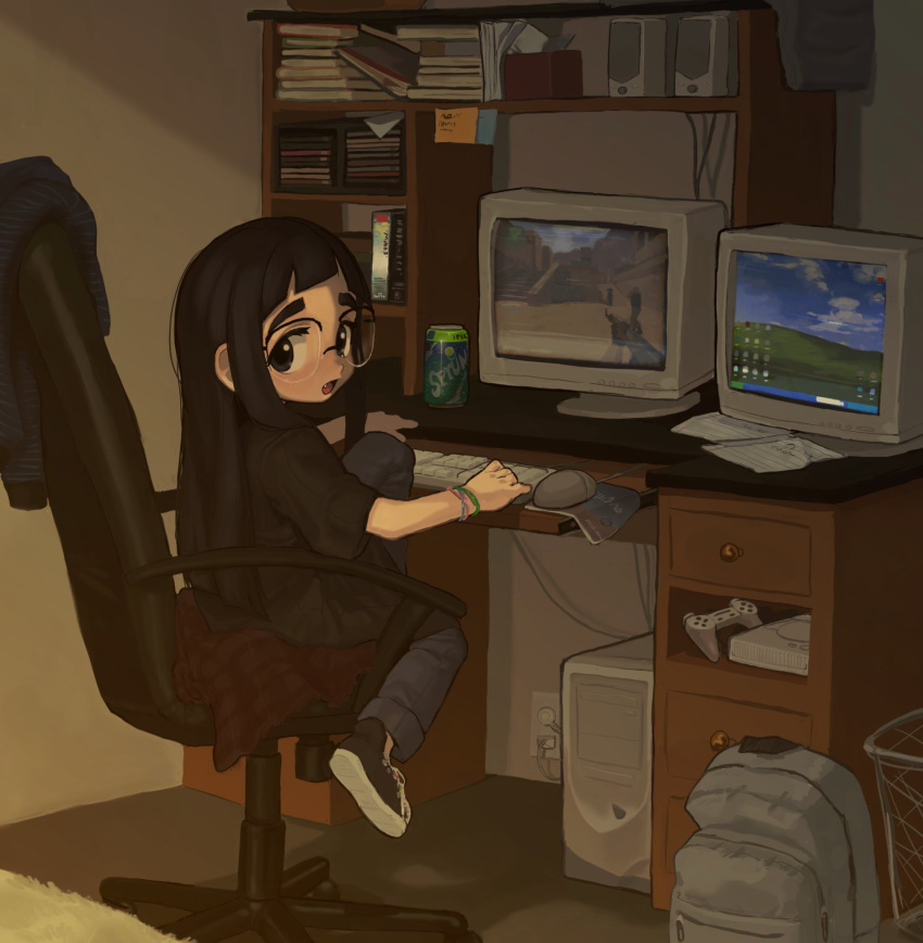 1girl, 482egg, backpack, bag, black-framed_eyewear, black_hair, black_shirt, bookshelf