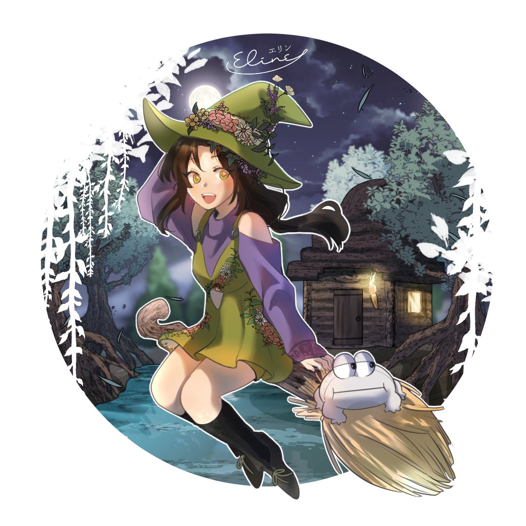 1girl, adapted_costume, animal, broom, broom_riding, brown_hair, cabin, clouds, commentary, detached_sleeves, dress, elineyuhu, empires_smp, english_commentary, floral_print, flower, frog, full_moon, green_dress, green_hat, hat, hat_flower, long_hair, long_sidelocks, minecraft_youtube, moon, outdoors, print_dress, purple_sweater, shoes, shubble, shubble_(great_witch), sitting, sky, sleeveless, sleeveless_turtleneck, socks, solo, sweater, torch, tree, turtleneck, turtleneck_sweater, witch, witch_hat, yellow_eyes