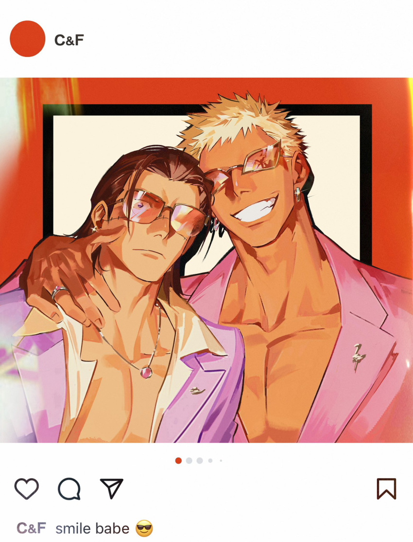 2boys, black_hair, blonde_hair, brooch, crocodile_(one_piece), donquixote_doflamingo, earrings, english_text