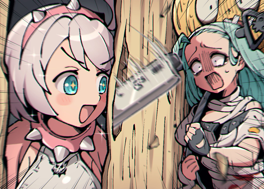 +_+, 2girls, a.b.a, ahoge, black_gloves, blue_eyes, blush, collar