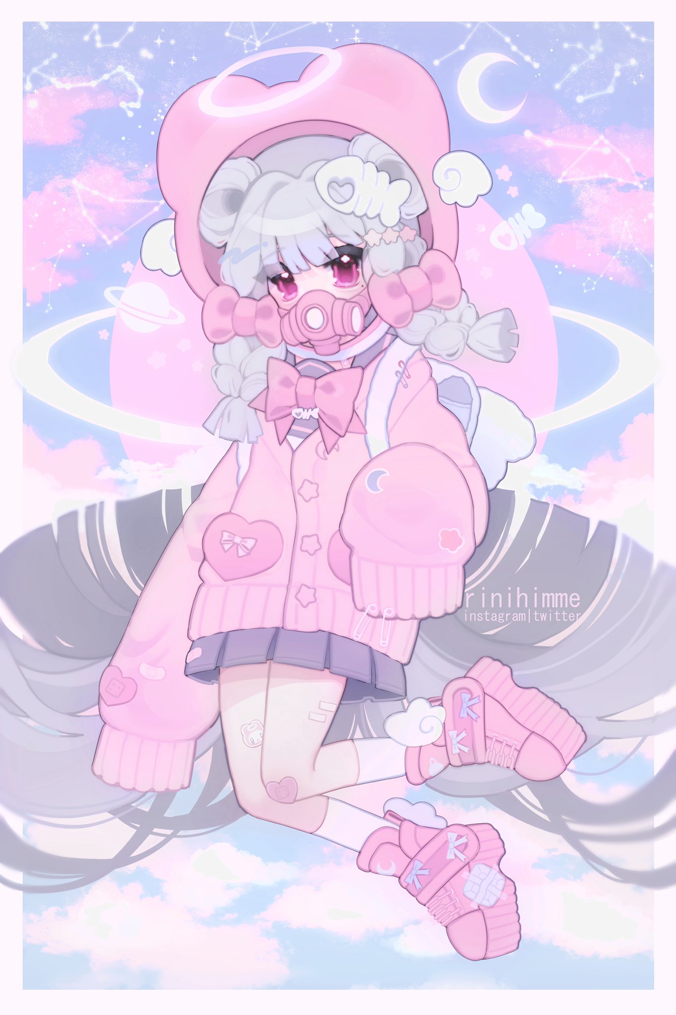 1girl, animal_ears, artist_name, cardigan, commentary, double_bun, fake_animal_ears, fish_skeleton_hair_ornament