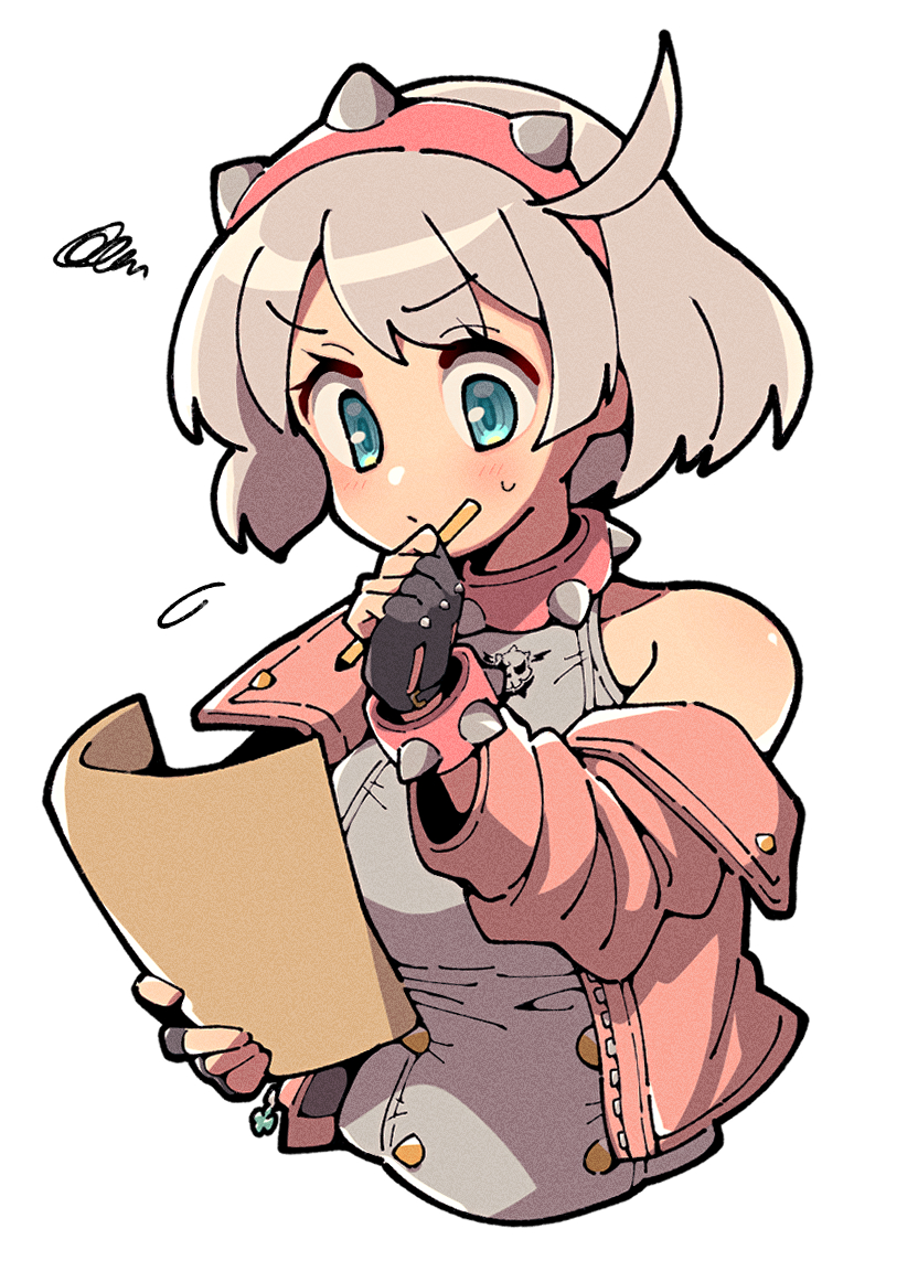 1girl, black_gloves, blue_eyes, bracelet, breasts, elphelt_valentine, fingerless_gloves, gloves, grey_hair, guilty_gear, guilty_gear_strive, hairband, holding, holding_paper, holding_pencil, itsuka_neru, jacket, jewelry, large_breasts, long_sleeves, paper, pencil, pink_hairband, pink_jacket, short_hair, simple_background, solo, spiked_bracelet, spiked_hairband, spikes, upper_body, white_background