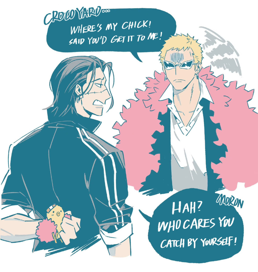 2boys, annoyed, bird, black_hair, black_jacket, blonde_hair, chick, coat