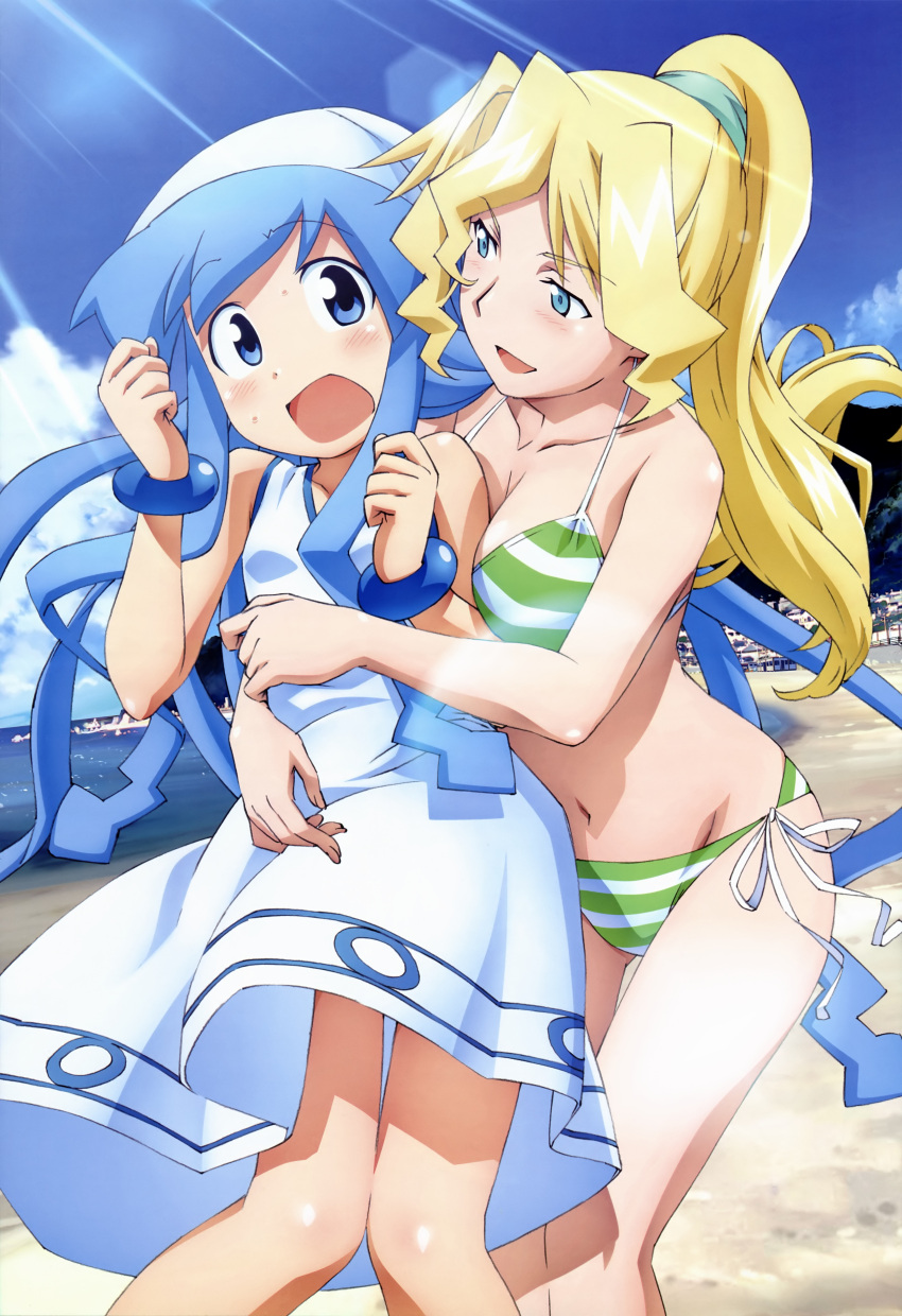 absurdres, beach, bikini, blonde_hair, blue_eyes, blue_hair, breasts, cindy_campbell, cleavage, cloud, clouds, cyndi_campbell, hat, highres, ikamusume, long_hair, multiple_girls, nyantype, ocean, official_art, open_mouth, ponytail, shinryaku!_ikamusume, side-tie_bikini, sky, striped, striped_bikini, striped_swimsuit, swimsuit, tentacle, tentacles, water