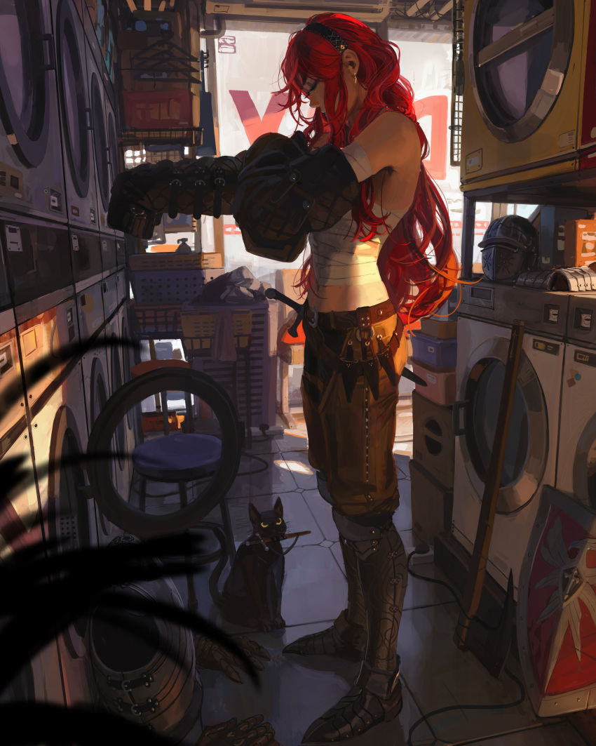 1girl, absurdres, armor, armored_boots, axe, bandaged_arm, bandaged_chest, bandages