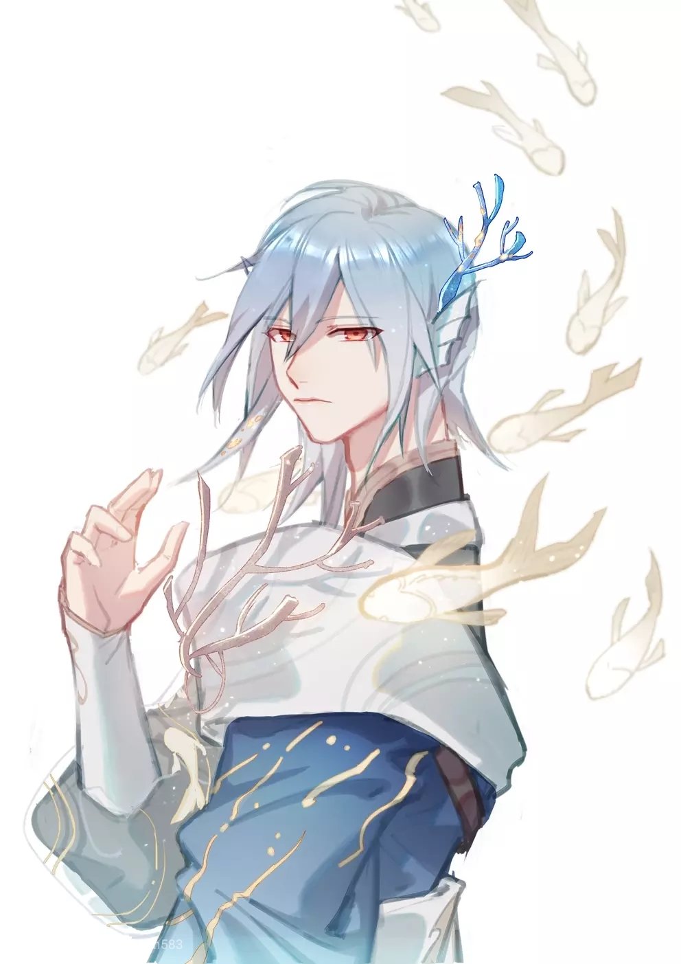 1boy, black_shirt, blue_hair, blue_robe, chinese_clothes, closed_mouth, coral, coral_hair_ornament