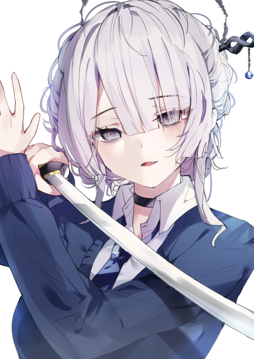 1girl, absurdres, bags_under_eyes, black_choker, blazer, blue_jacket, blue_necktie, choker, collared_shirt, commentary_request, eyes_visible_through_hair, grey_eyes, grey_hair, hair_ornament, hair_over_one_eye, hair_stick, halo, highres, holding, holding_sword, holding_weapon, itokonoue_kaoru, jacket, looking_at_viewer, necktie, project_kv, shigureszku, shirt, smile, solo, sword, weapon, white_shirt