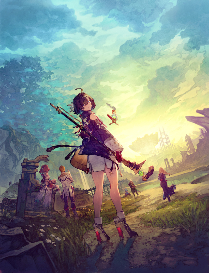 2boys, 4girls, absurdres, ahoge, atelier_(series), atelier_yumia, benitama, black_hair