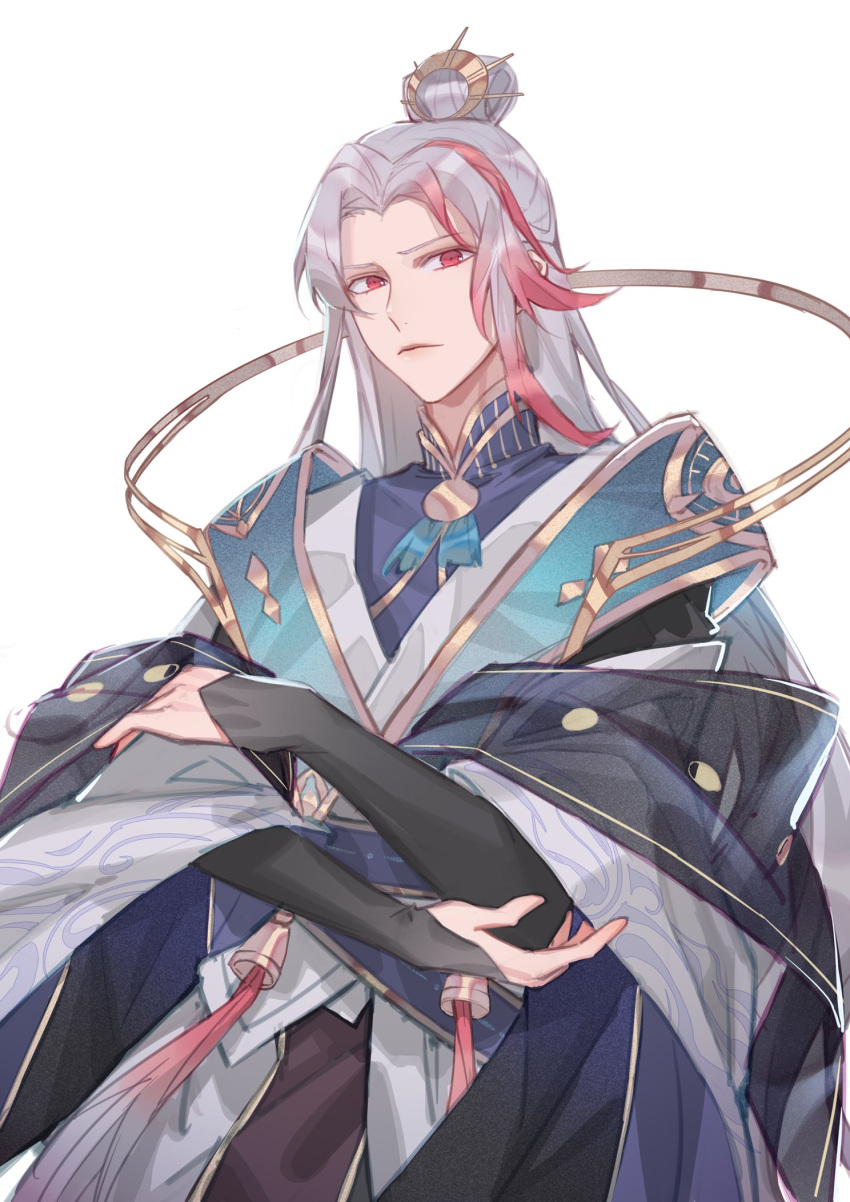 1boy, arm_warmers, black_shawl, blue_sash, blue_shirt, chinese_clothes, closed_mouth, cowboy_shot