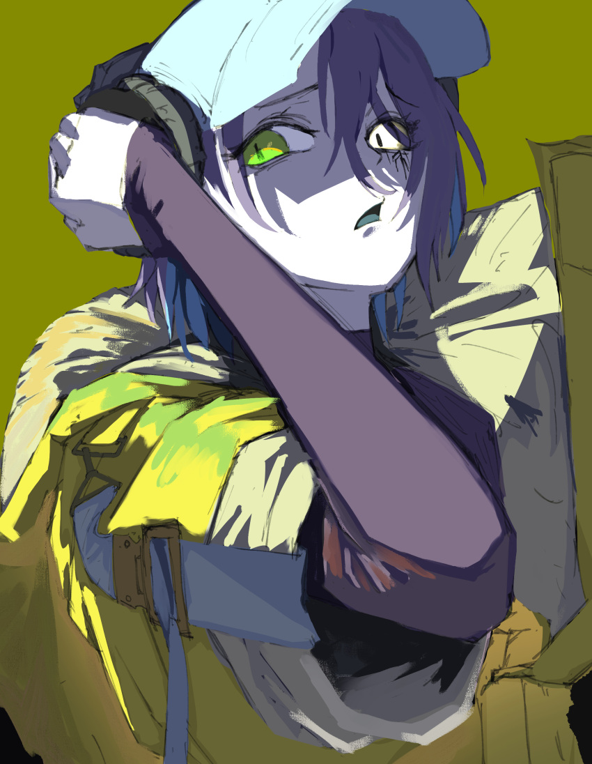 1girl, absurdres, arknights, asbestos_(arknights), baseball_cap, blue_hair, coat, colored_tongue