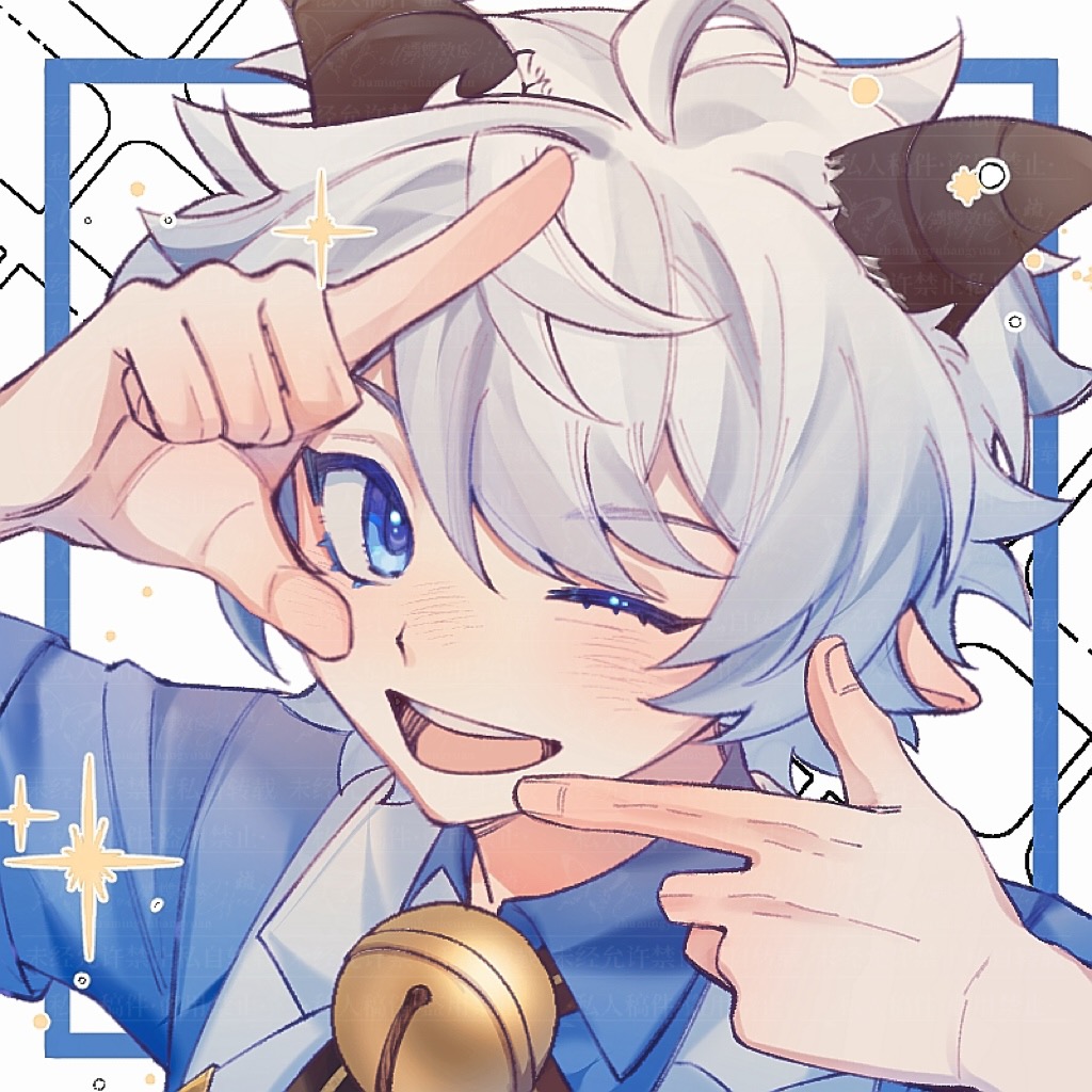 1boy, ahoge, animal_ears, bell, bishounen, blue_eyes, blue_shirt, blush