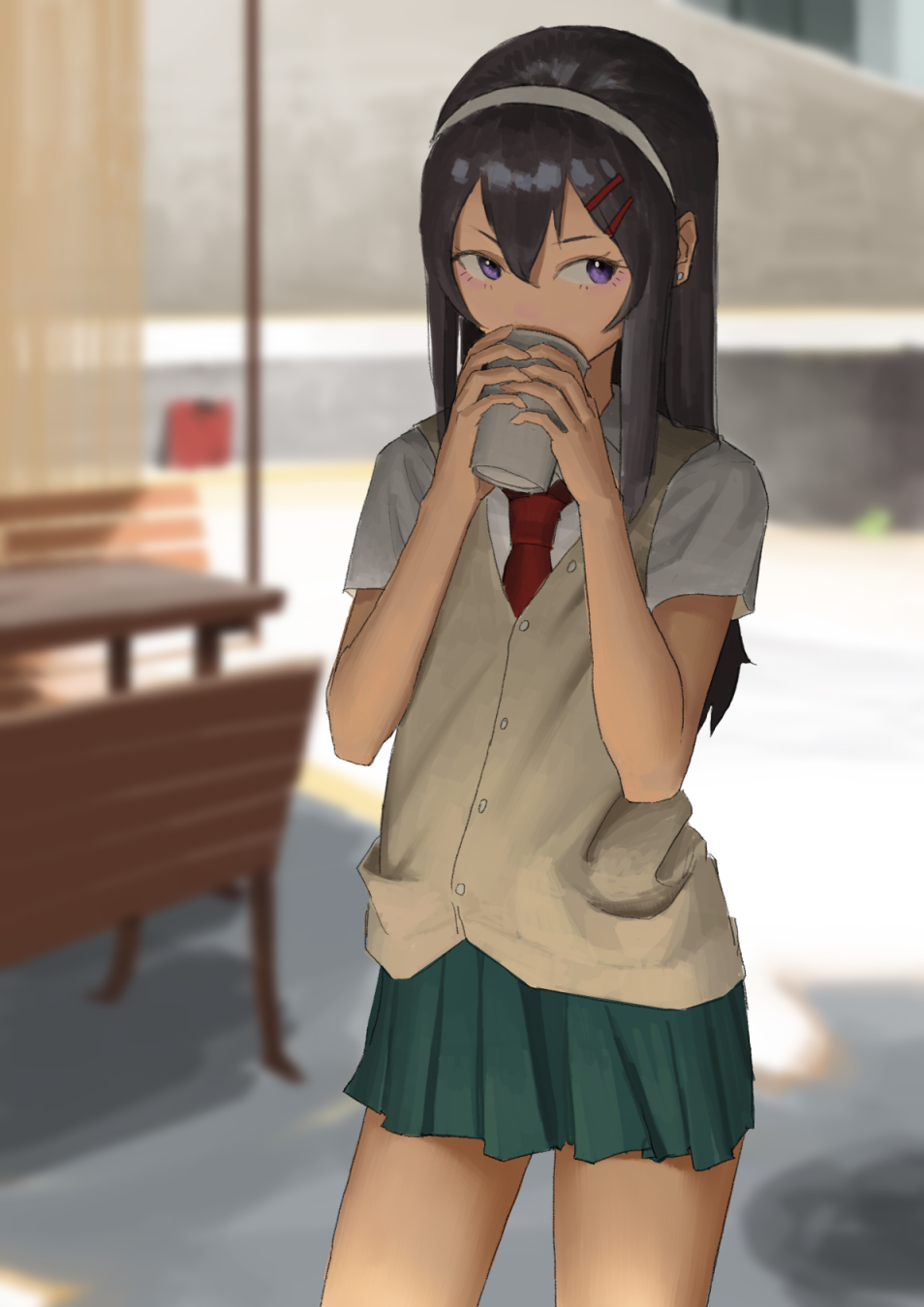 1girl, black_hair, blurry, brown_sweater_vest, buttons, clip_studio_paint_(medium), cup, day