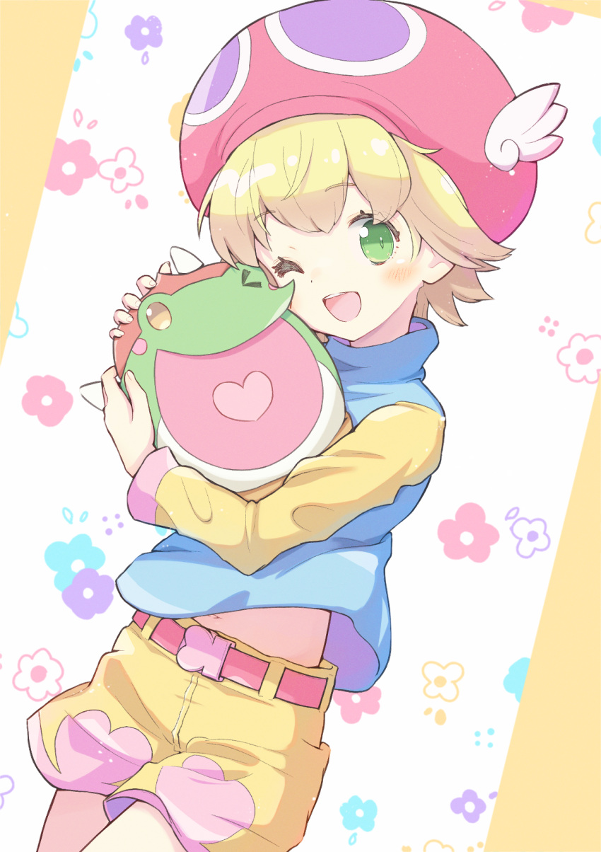 1girl, ;d, amitie_(puyopuyo), animal_hug, belt, blonde_hair, blue_shirt, border