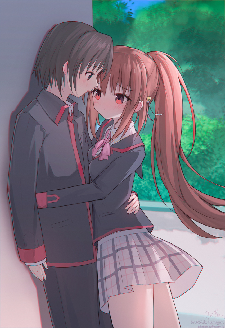 1boy, 1girl, arm_around_waist, arm_at_side, bell, black_eyes, black_hair, black_jacket