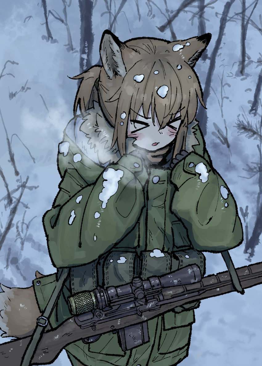 >_<, 1girl, absurdres, animal_ears, bare_tree, battle_rifle, black_gloves, breath