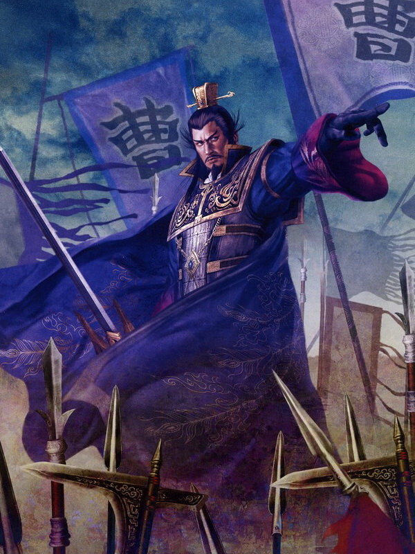 armored, beard, black_hair, cao_cao, cloak, dynasty_warriors, flag, gloves