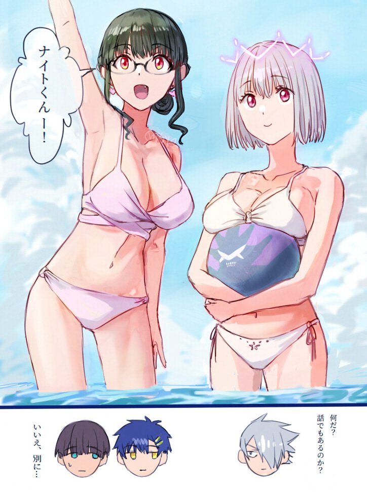 1girl, 2girls, 3boys, anosillus_ii, anti_(ssss.gridman), asanaka_yomogi, ball, beach