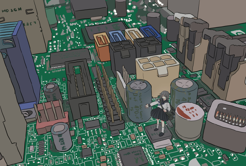 1girl, bag, black_footwear, black_sailor_collar, black_skirt, capacitor, circuit_board, electrical_connector