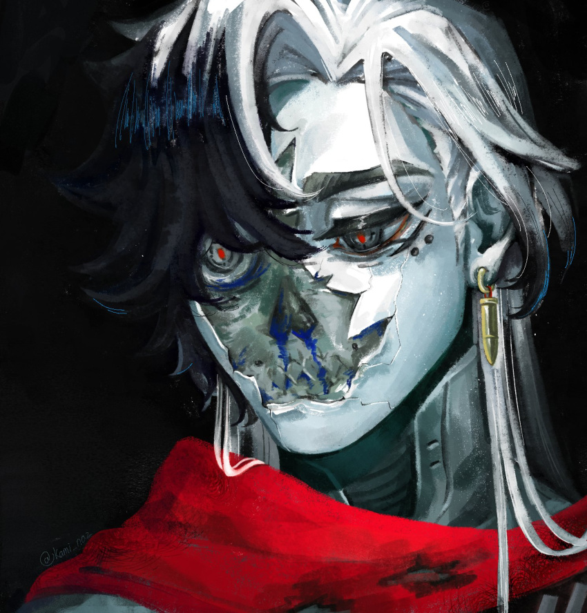 1boy, album_cover_redraw, android, black_background, black_hair, boothill_(honkai:_star_rail), bullet, bullet_earrings