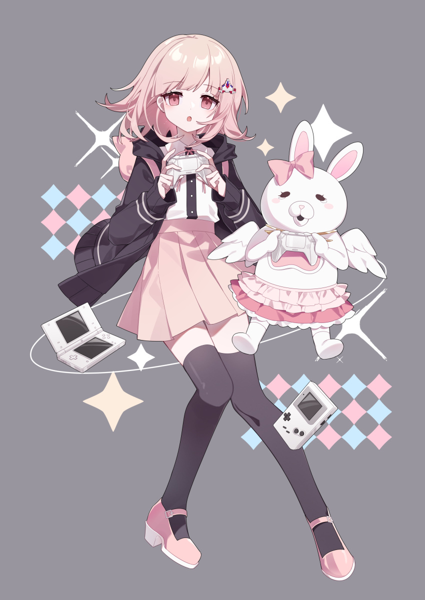 1girl, :d, absurdres, bing_zizi, black_jacket, black_shirt, black_thighhighs, bow