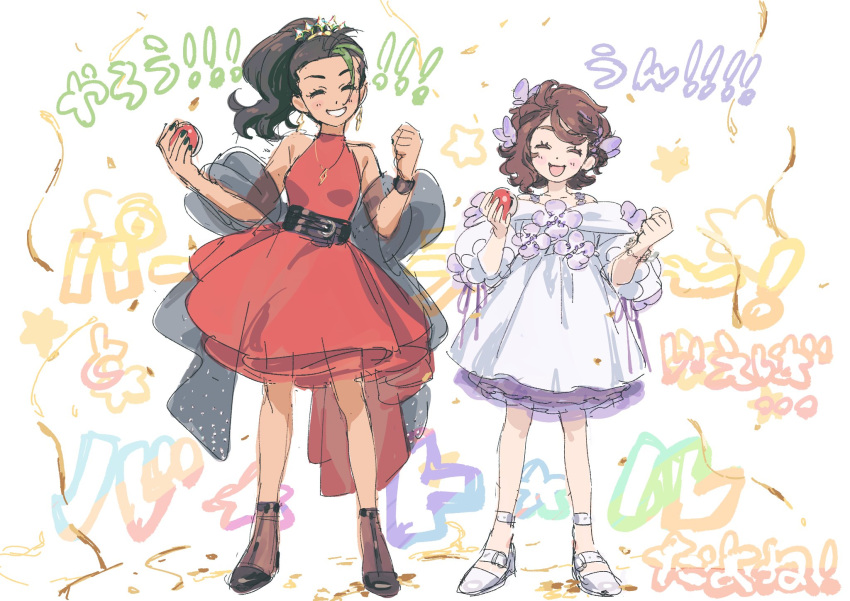 2girls, 314pic, alternate_costume, black_hair, black_nails, brown_hair, clenched_hand, closed_eyes, commentary, dress, eyelashes, green_hair, grin, happy, highres, holding, holding_poke_ball, juliana_(pokemon), multicolored_hair, multiple_girls, nail_polish, nemona_(pokemon), poke_ball, poke_ball_(basic), pokemon, pokemon_sv, ponytail, red_dress, shoes, sleeveless, sleeveless_dress, smile, standing, star_(symbol), teeth, two-tone_hair, white_background, white_dress, white_footwear