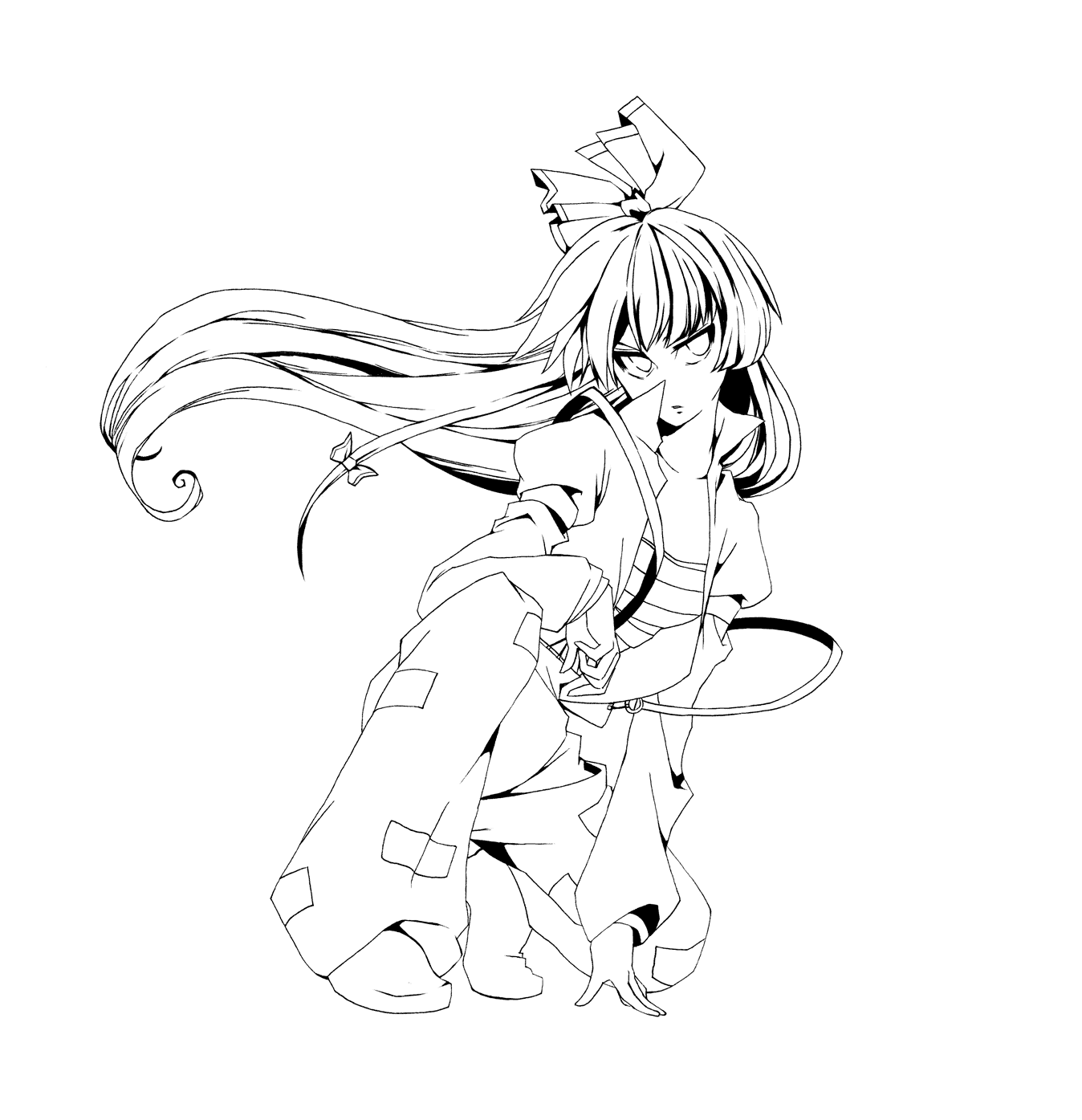 bad_id, fujiwara_no_mokou, highres, kadotarou, lineart, long_hair, long_sleeves, open_clothes